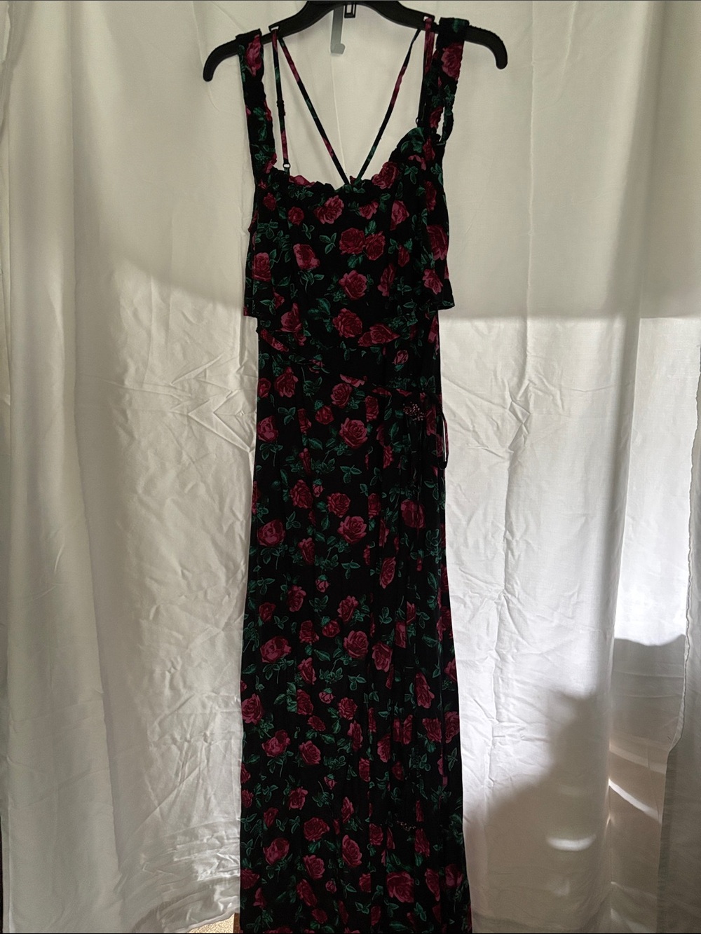 miami Black Maxi Dress with Pink Rose Print and Green Leaves